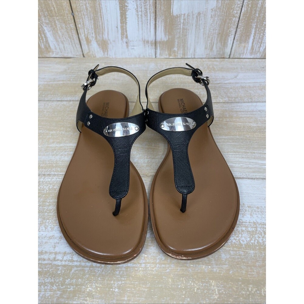 Michael Kors MK Plate Silver Logo Women's Black Leather Sandals Sz 9M - Picture 3 of 10